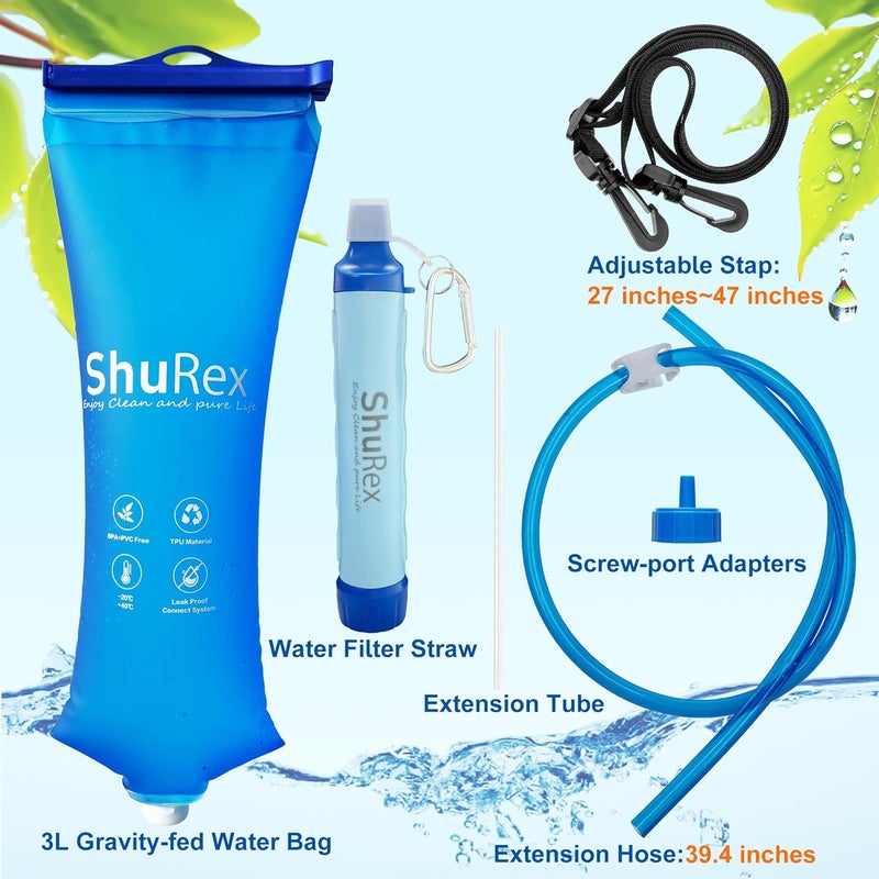 ShuRex Gravity Fed Water Filtration System with Adjustable Tree Strap, Gravity Bag with Filter Straw, Water Purifier Survival for Travel, Backpacking, and Emergency Preparedness (3L) - Image 2